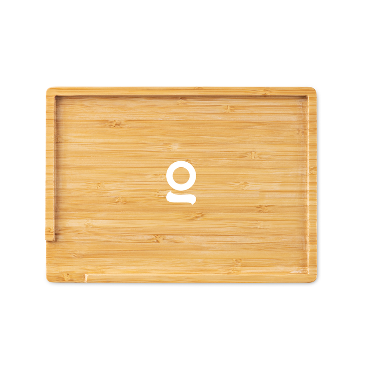 ONGROK Small Bamboo Wood Rolling Tray, top-down view with raised edges and a white O logo in the center