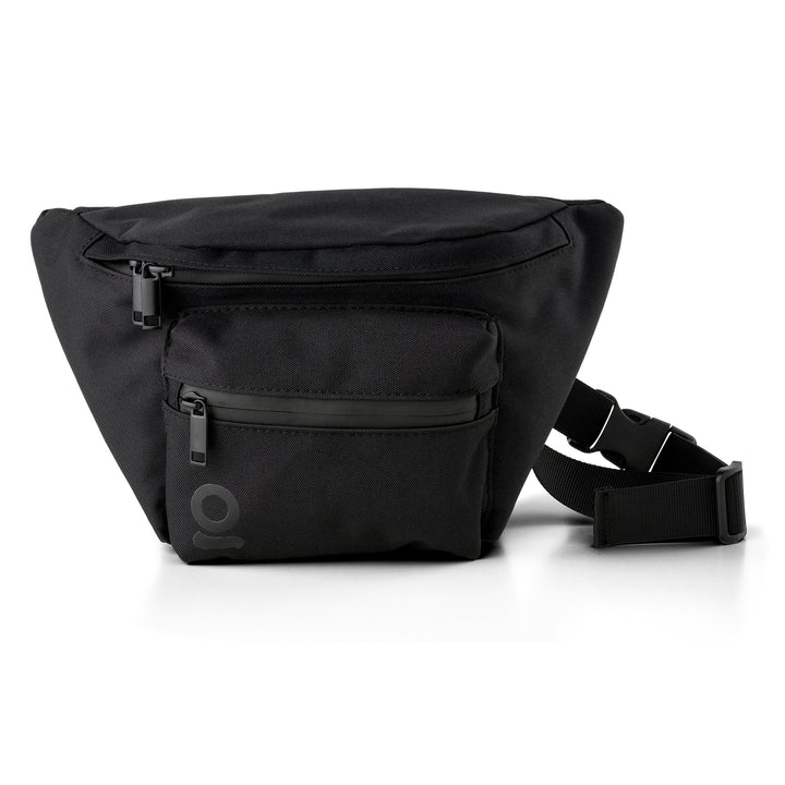 ONGROK Carbon-lined Fanny Pack in black, closed, front view with zip pocket and strap