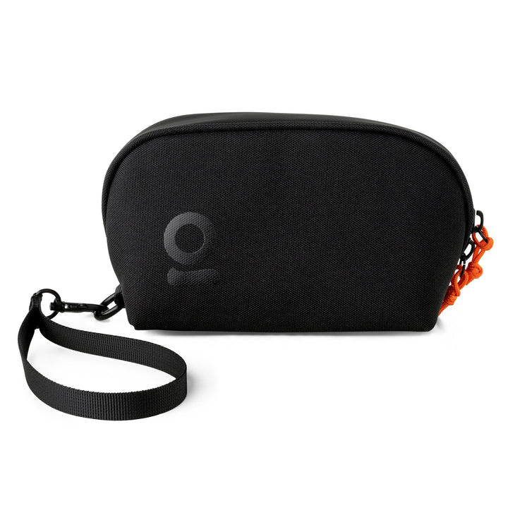 ONGROK Carbon-lined Wrist Bag in black with wrist strap and orange-corded combo lock, front view