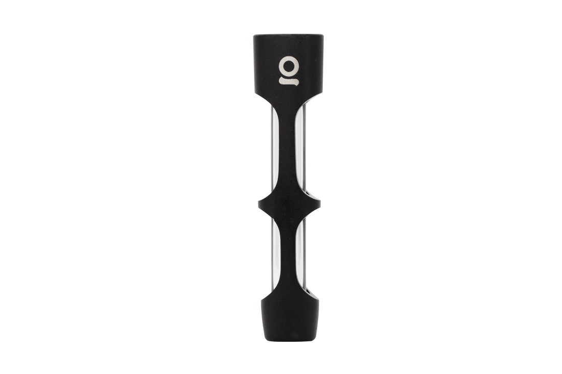 ONGROK Aluminum and Glass Chillum Pipe in black, standing upright, front view with the glass tube showing through