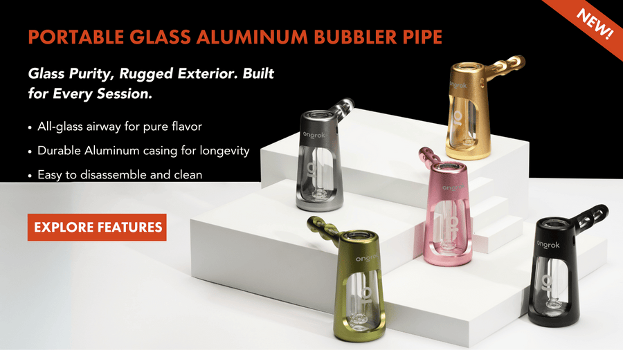 Portable glass aluminum bubbler pipe from Ongrok with various colors on a white platform, featuring text about its features.