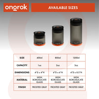 Vacuum Pump Jar 2.0 ONGROK USA available sizes chart: 400ml, 800ml, and 1200ml capacity, dimensions, and material specifications