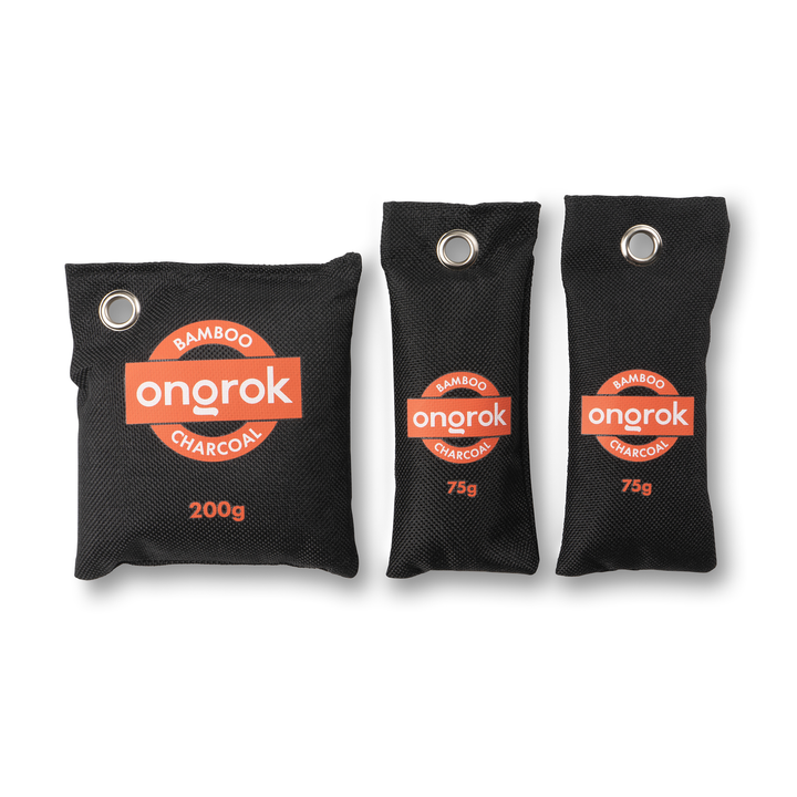 ONGROK Air Purifying Charcoal Bamboo Bags multi pack: one 200 g bag and two 75 g bags with metal grommets