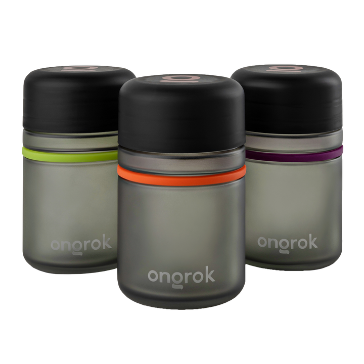 ONGROK Child Resistant Glass Storage Jar 3 pack in frosted black glass with green, orange and purple rings