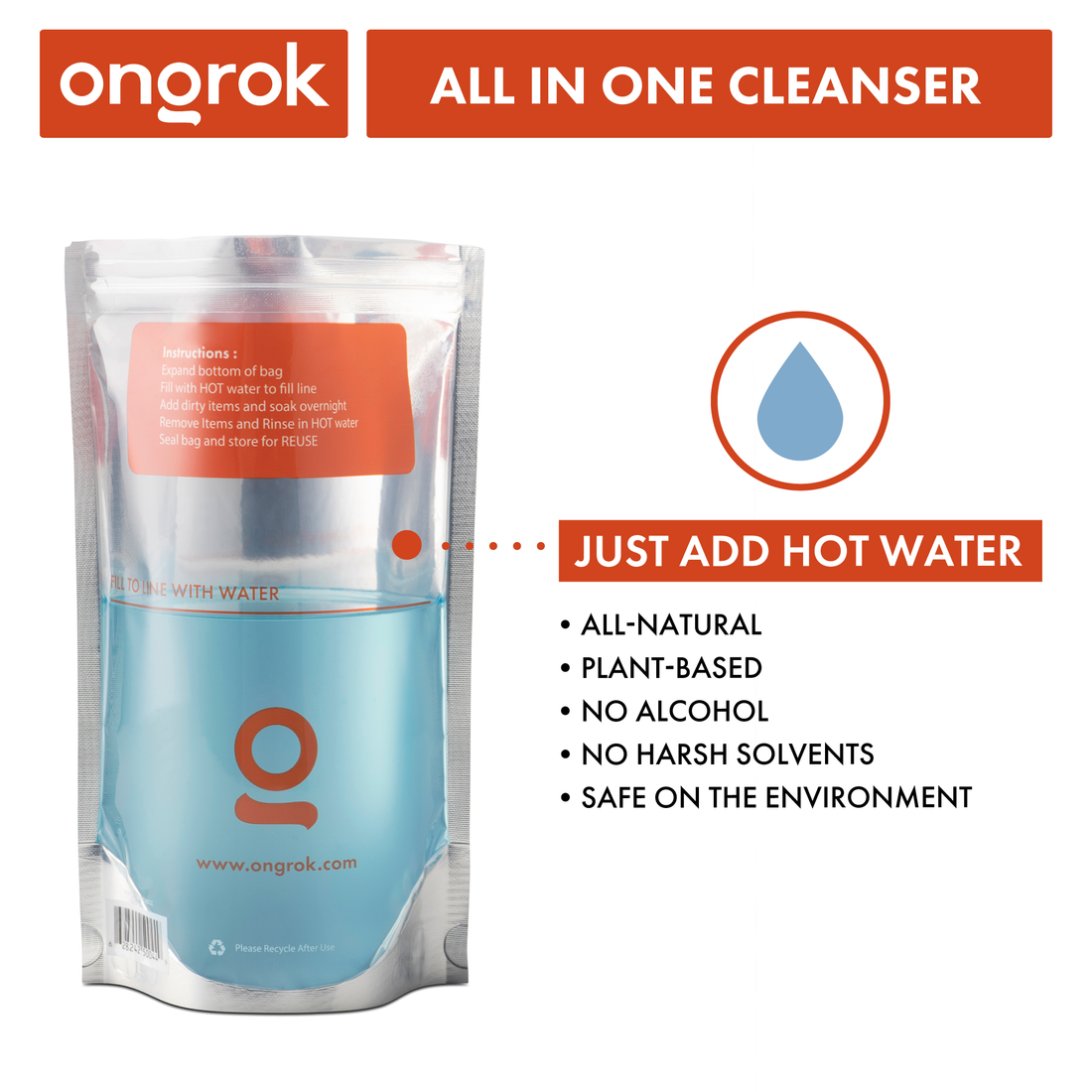 ONGROK All-in-One Cleaner bag filled with blue solution, Just Add Hot Water: all-natural, plant-based, no alcohol