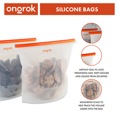 ONGROK Silicone Oven & Storage Bags, labeled airtight seal to lock freshness and measuring scale on the bag