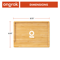Sustainable Small Bamboo Wood Tray ONGROK USA dimensions infographic, 8.75 x 6.25 inches