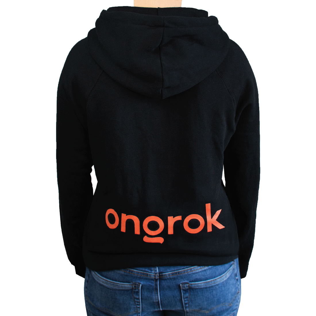ONGROK Organic Cotton Hoodie in black worn with jeans, back view with a large orange ongrok wordmark above the hem