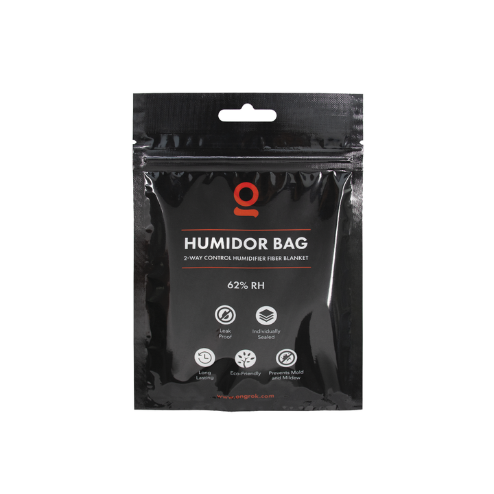 ONGROK Humidor Bag, 1-pack, black resealable bag with 62% RH label, front view