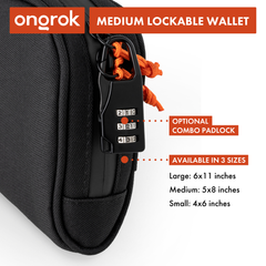 ONGROK Carbon-lined Wallet in black, medium, padlock close-up, labeled available in 3 sizes: 4x6, 5x8 and 6x11 in