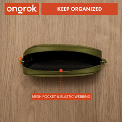 ONGROK Carbon-lined Wallet in green, small, open on wood, labeled Keep Organized with a mesh pocket and elastic webbing