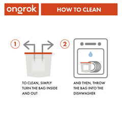 ONGROK Silicone Oven & Storage Bags, How to clean: turn the bag inside out, then put it in the dishwasher