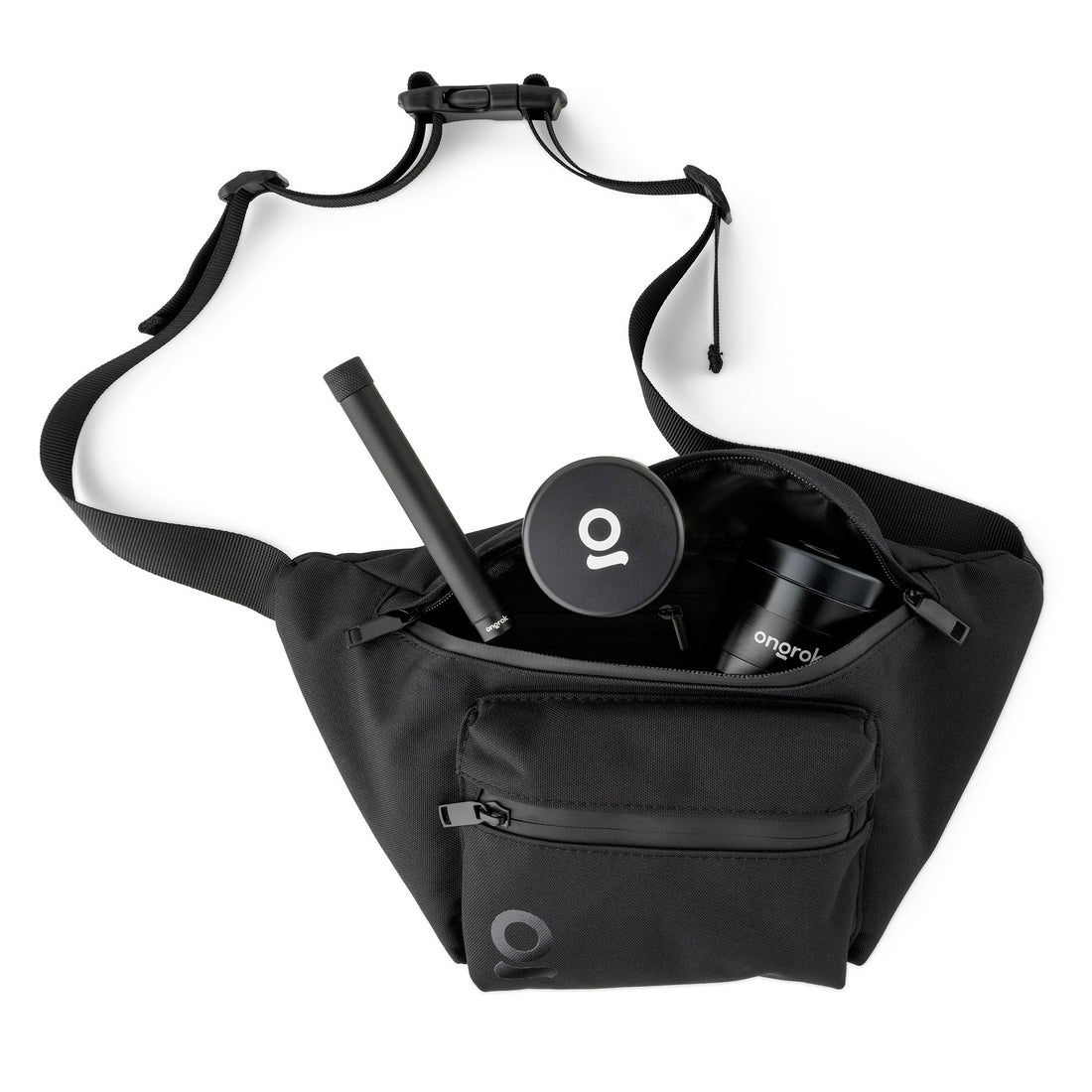 ONGROK Carbon-lined Fanny Pack in black, open and packed with a grinder, storage jar and tube