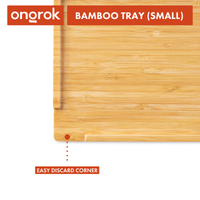 Sustainable Small Bamboo Wood Tray ONGROK USA infographic highlighting the easy discard corner feature