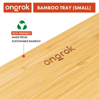 Sustainable Small Bamboo Wood Tray ONGROK USA infographic: eco-friendly, made from sustainable bamboo