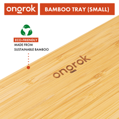 ONGROK Small Bamboo Wood Rolling Tray, angled close-up of the engraved logo, labeled eco-friendly sustainable bamboo