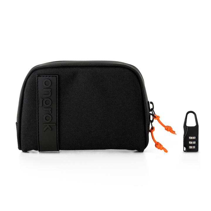 ONGROK Carbon-lined Wallet in black, small 4x6 in, closed beside its combination padlock