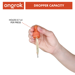Hand holding an ONGROK Glass Dropper Bottle dropper, headed Dropper capacity, holds 0.7 ml per press